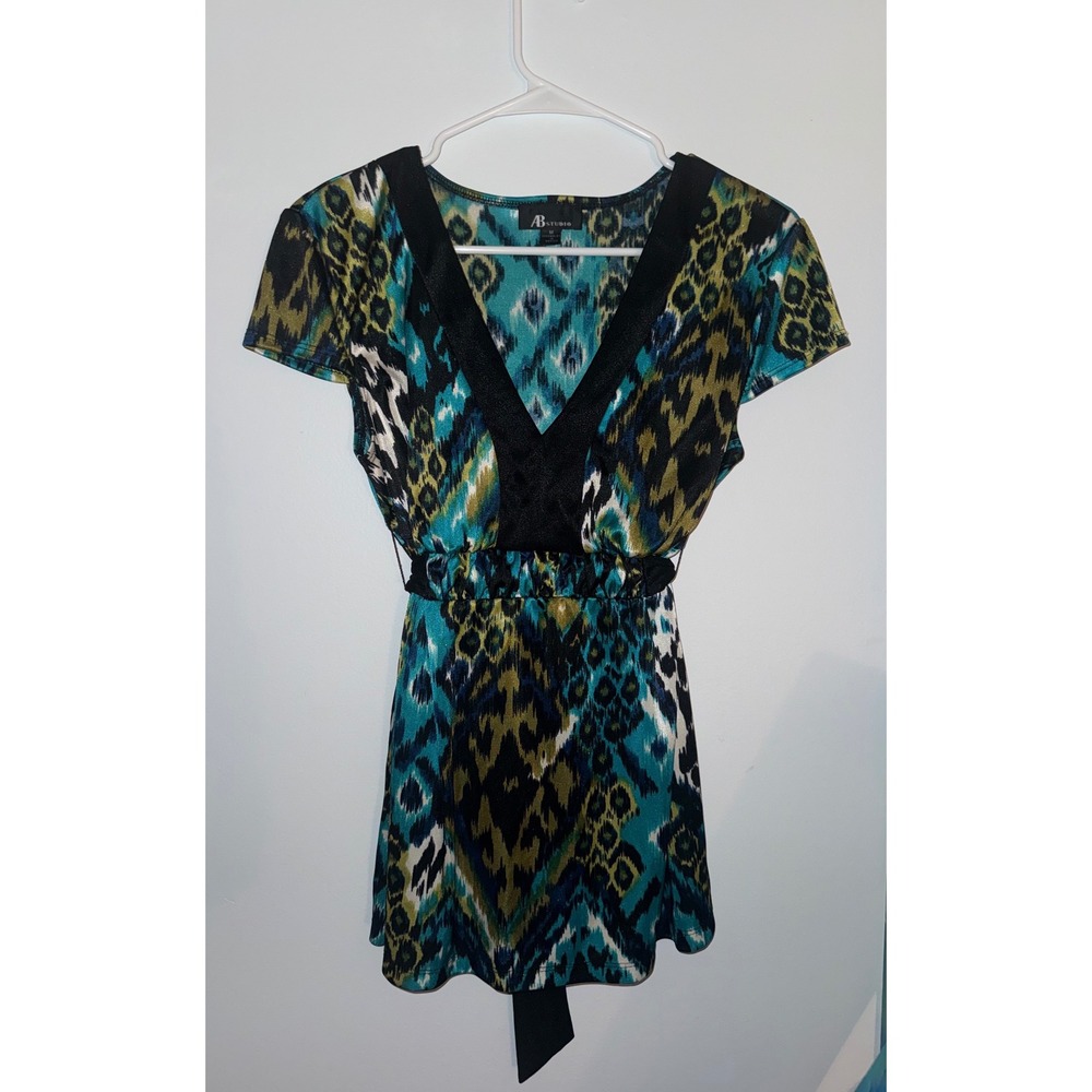 AGB Geometric Satiny V Neck Blouse Turquoise & Black Size M Y2K Vintage